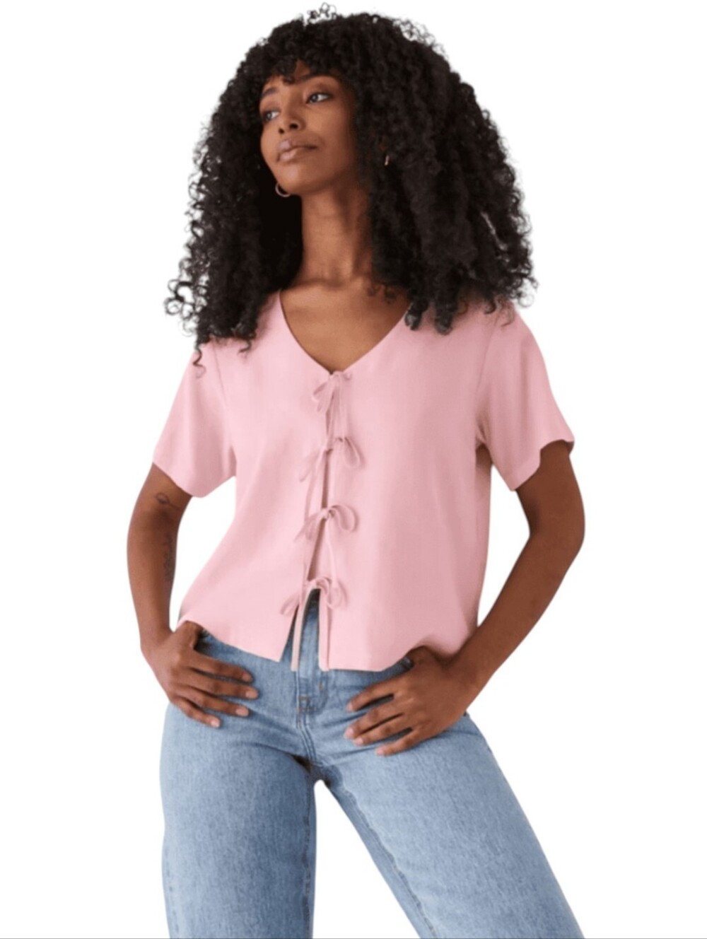 Frank & Oak Pink Tie Front Blouse Linen Blend Short Sleeve Top Women's Medium
